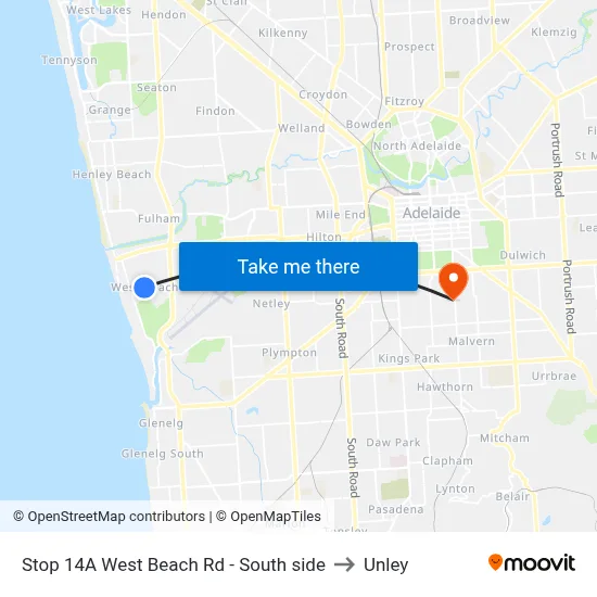 Stop 14A West Beach Rd - South side to Unley map