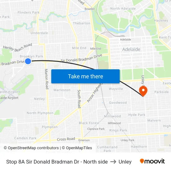 Stop 8A Sir Donald Bradman Dr - North side to Unley map