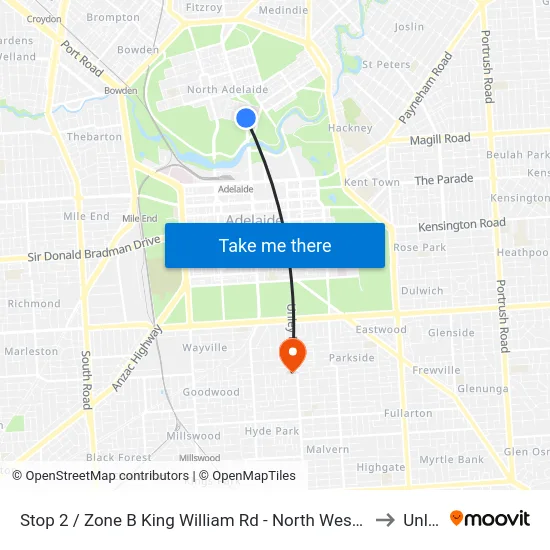 Stop 2 / Zone B King William Rd - North West side to Unley map