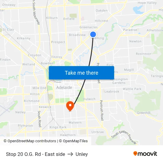 Stop 20 O.G. Rd - East side to Unley map