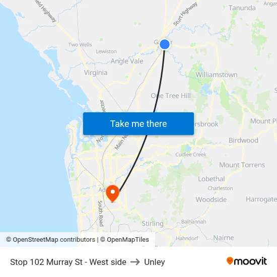 Stop 102 Murray St - West side to Unley map