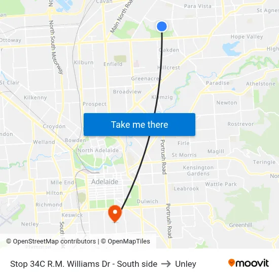 Stop 34C R.M. Williams Dr - South side to Unley map