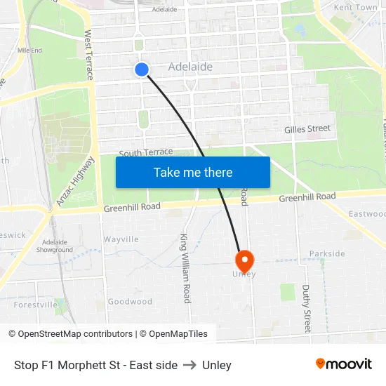 Stop F1 Morphett St - East side to Unley map