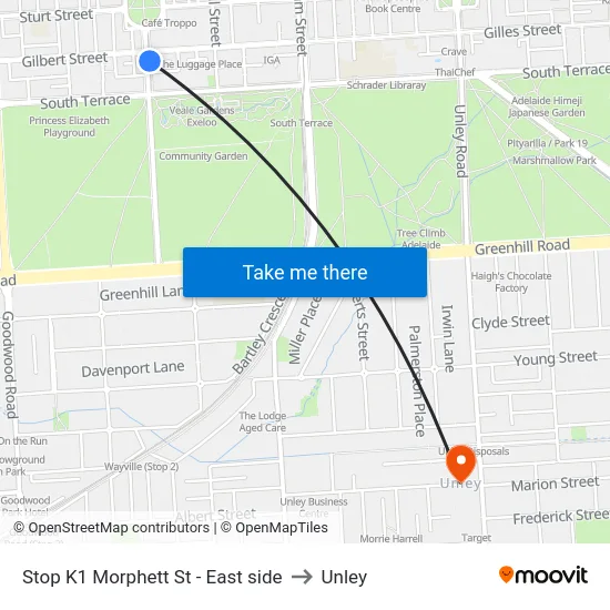 Stop K1 Morphett St - East side to Unley map