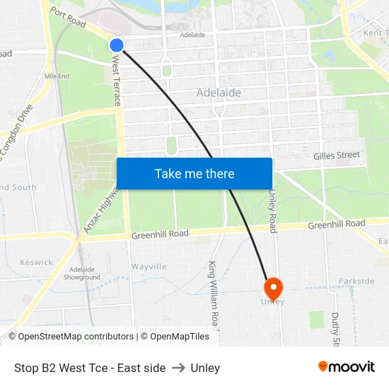 Stop B2 West Tce - East side to Unley map