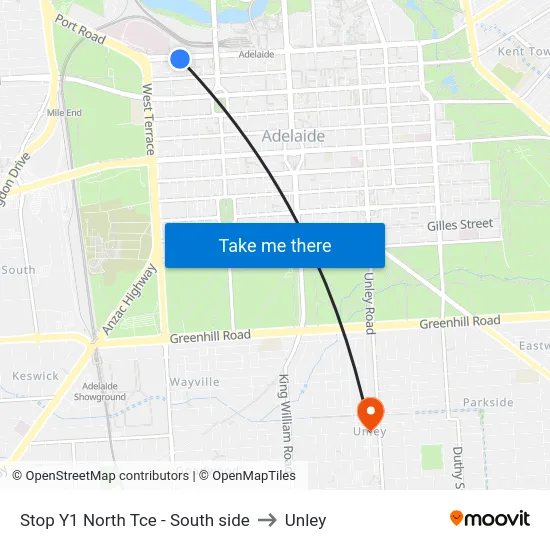 Stop Y1 North Tce - South side to Unley map