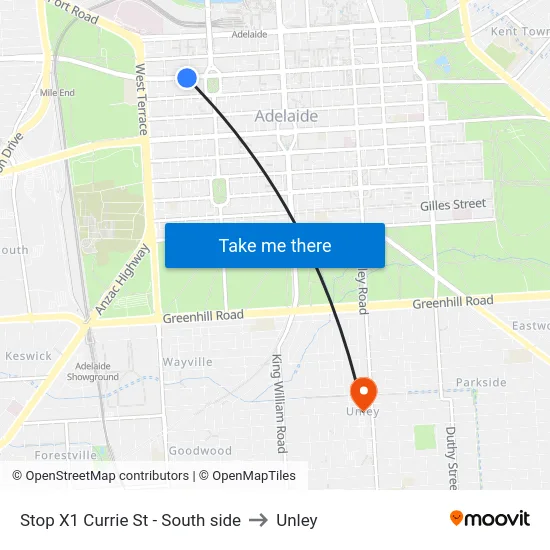 Stop X1 Currie St - South side to Unley map