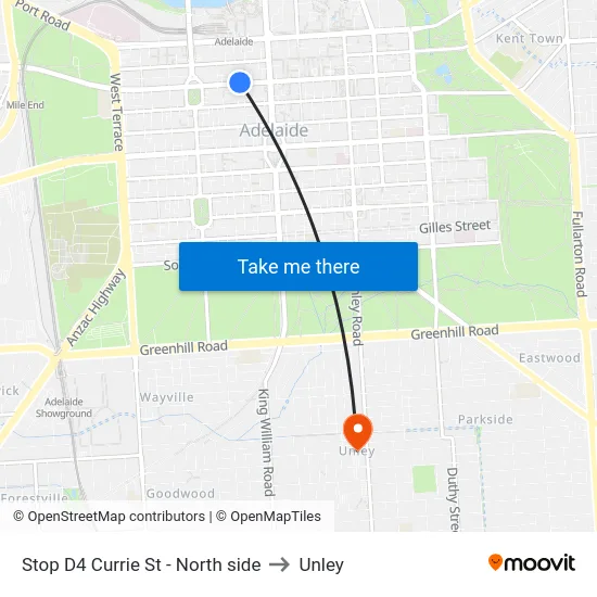 Stop D4 Currie St - North side to Unley map