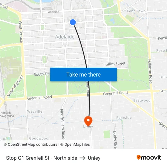 Stop G1 Grenfell St - North side to Unley map