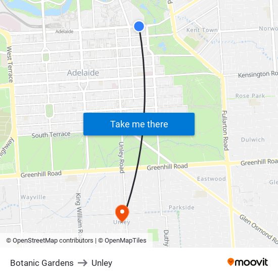 Botanic Gardens to Unley map