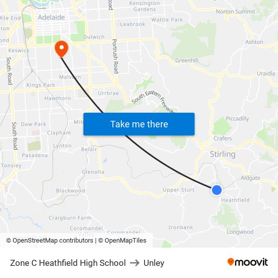 Zone C Heathfield High School to Unley map