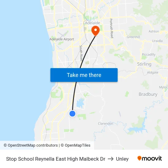 Stop School Reynella East High Malbeck Dr to Unley map