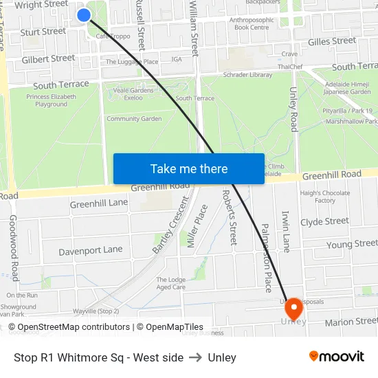 Stop R1 Whitmore Sq - West side to Unley map