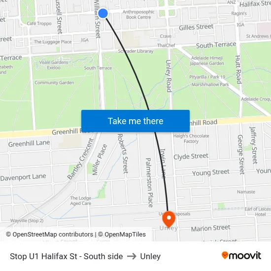 Stop U1 Halifax St - South side to Unley map