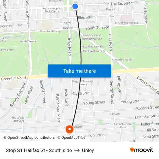Stop S1 Halifax St - South side to Unley map