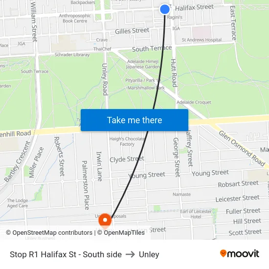 Stop R1 Halifax St - South side to Unley map