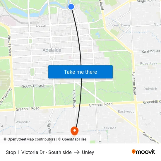 Stop 1 Victoria Dr - South side to Unley map