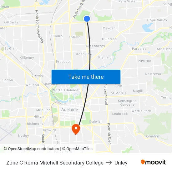 Zone C Roma Mitchell Secondary College to Unley map