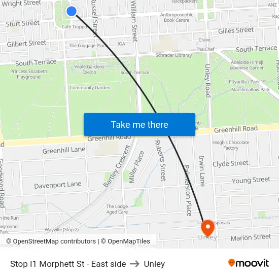 Stop I1 Morphett St - East side to Unley map