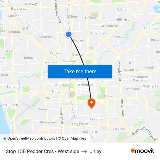 Stop 15B Pedder Cres - West side to Unley map