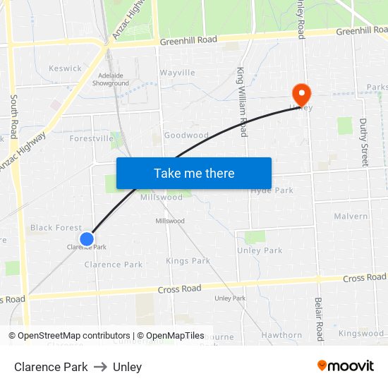 Clarence Park to Unley map