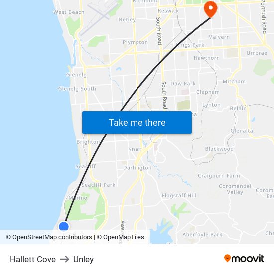 Hallett Cove to Unley map