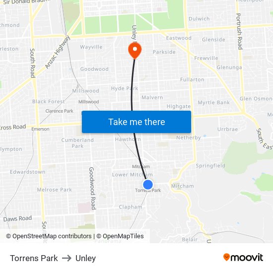 Torrens Park to Unley map