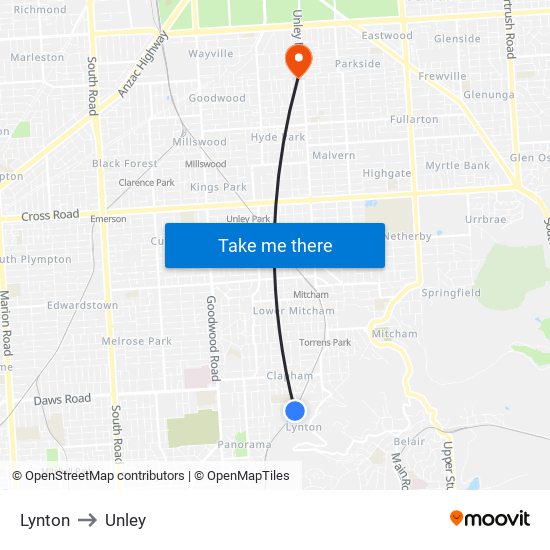 Lynton to Unley map