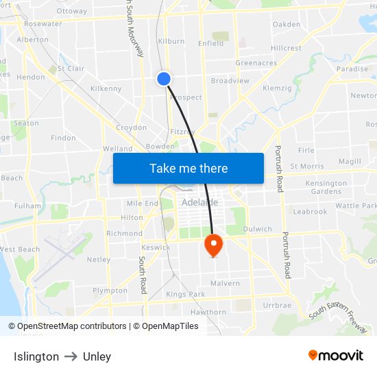 Islington to Unley map