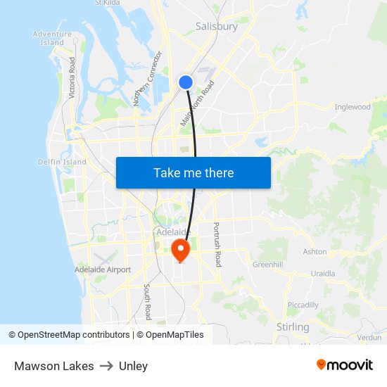 Mawson Lakes to Unley map