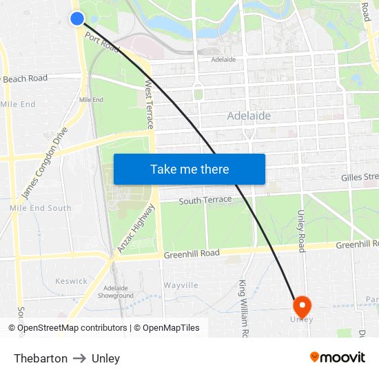 Thebarton to Unley map