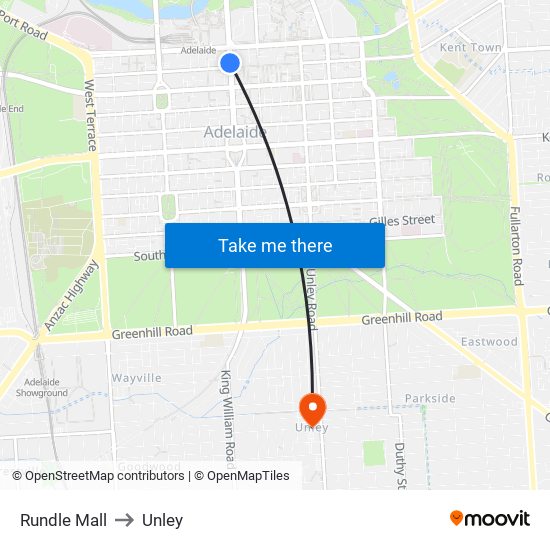 Rundle Mall to Unley map