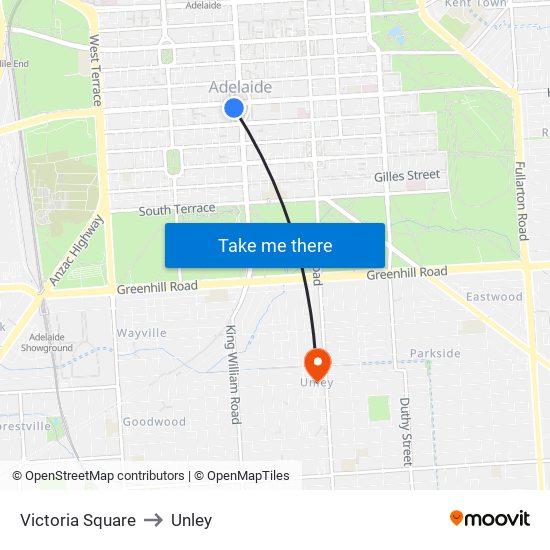 Victoria Square to Unley map