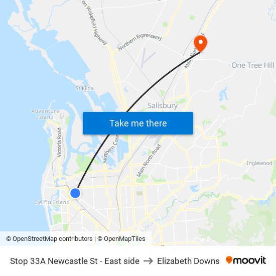 Stop 33A Newcastle St - East side to Elizabeth Downs map