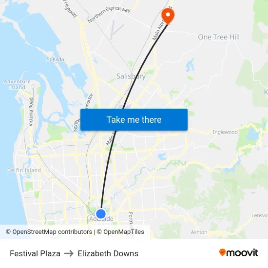 Festival Plaza to Elizabeth Downs map