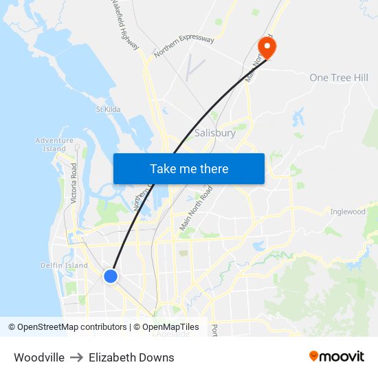 Woodville to Elizabeth Downs map