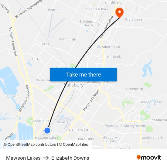 Mawson Lakes to Elizabeth Downs map