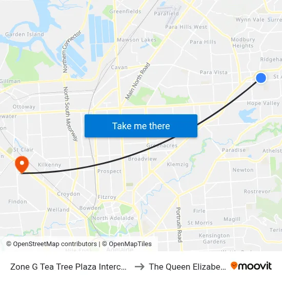 Zone G Tea Tree Plaza Interchange - East side to The Queen Elizabeth Hospital map