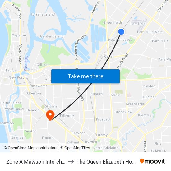 Zone A Mawson Interchange to The Queen Elizabeth Hospital map