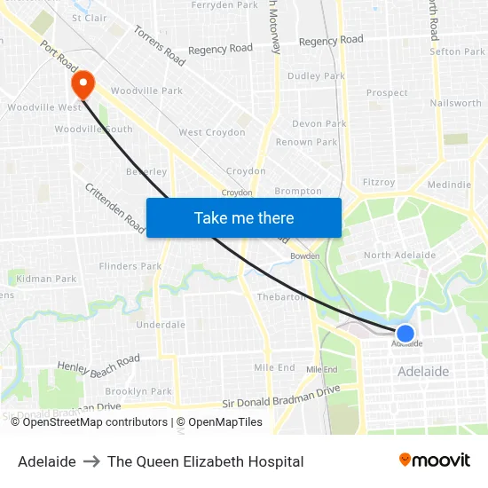 Adelaide to The Queen Elizabeth Hospital map