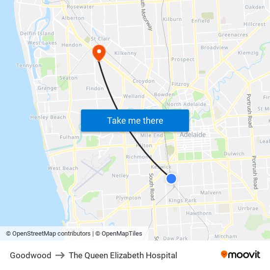 Goodwood to The Queen Elizabeth Hospital map