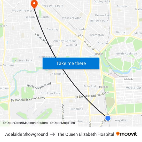 Adelaide Showground to The Queen Elizabeth Hospital map