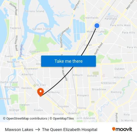 Mawson Lakes to The Queen Elizabeth Hospital map