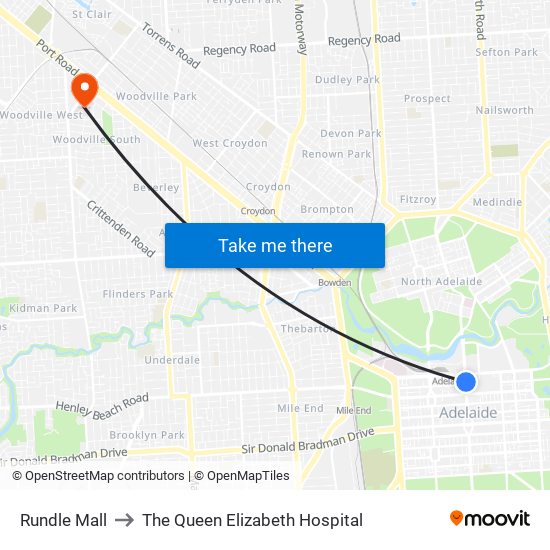 Rundle Mall to The Queen Elizabeth Hospital map