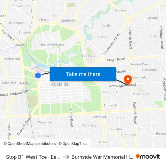 Stop B1 West Tce - East side to Burnside War Memorial Hospital map