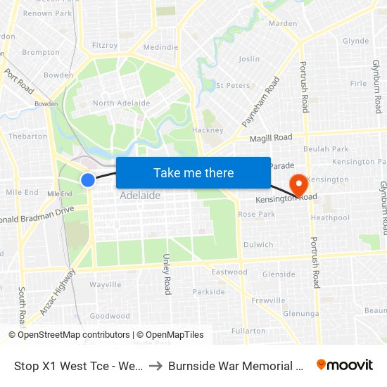 Stop X1 West Tce - West side to Burnside War Memorial Hospital map