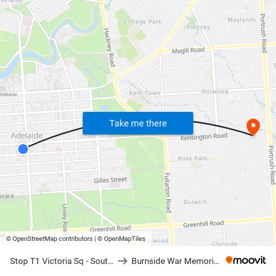 Stop T1 Victoria Sq - South West side to Burnside War Memorial Hospital map