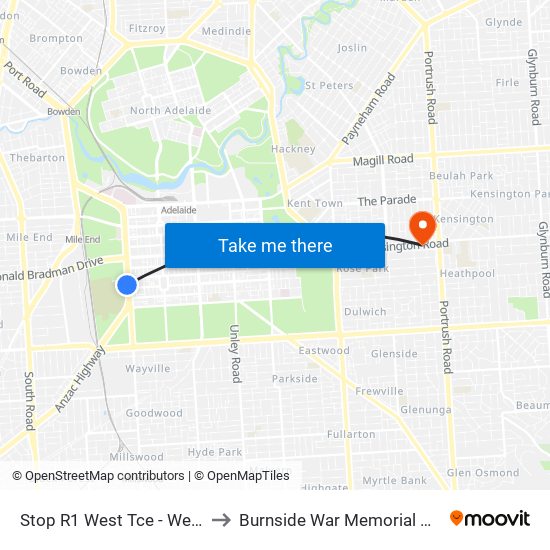 Stop R1 West Tce - West side to Burnside War Memorial Hospital map