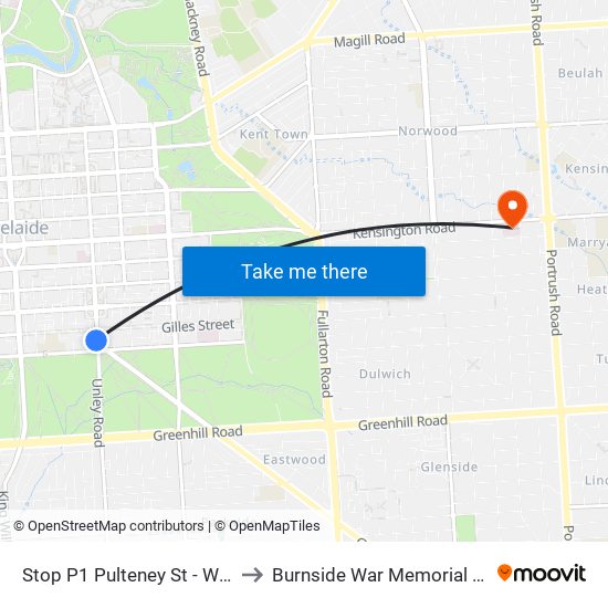 Stop P1 Pulteney St - West side to Burnside War Memorial Hospital map