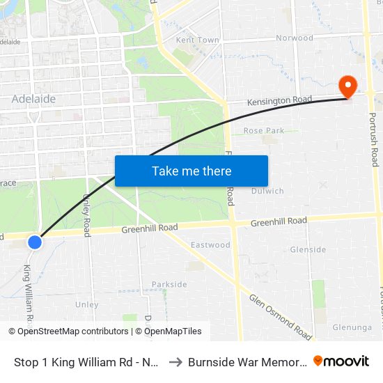 Stop 1 King William Rd - North West side to Burnside War Memorial Hospital map